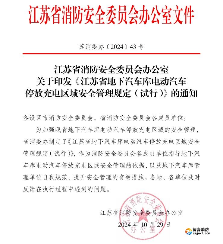 蘇消委辦〔2024)43號江蘇省地下汽車庫電動汽車停放充電區(qū)域安全管理規(guī)定(試行)