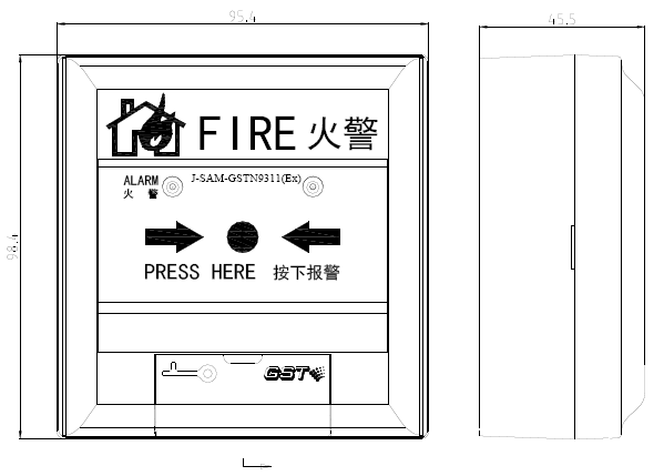 J-SAM-GSTN9311(Ex)防爆手動(dòng)火災(zāi)報(bào)警按鈕外形示意圖